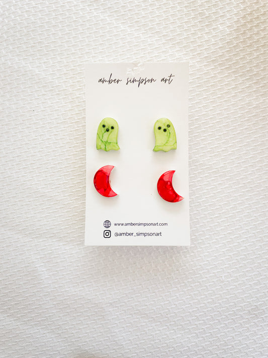 Ghost + Moon Stud Earrings